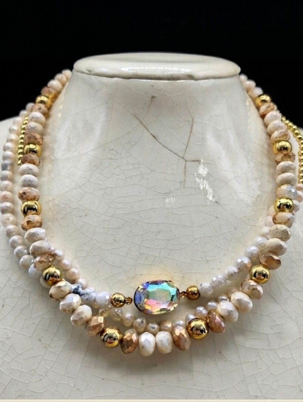 Natural White Mystic Moonstone, Natural Pearls & Glass In 3 Strand Gold Necklace